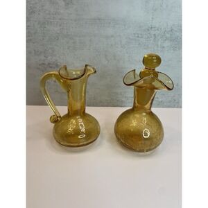 Vtg Blenko Amber Crackle Glass Mini Pitcher And Decanter 5"